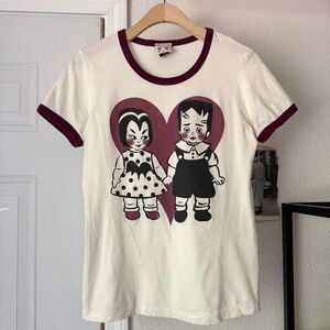MISS LADYBUG white maroon burgundy crew neck graphic cotton ringer tee t-shirt
